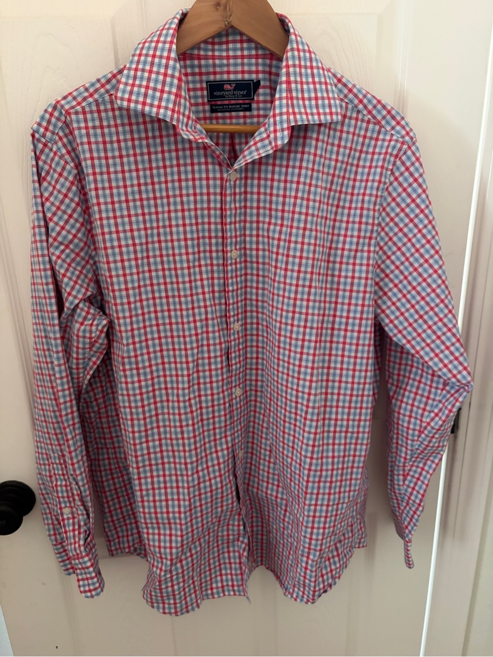 Vineyard Vines Burgee Men’s Red Blue Check Cotton Dress Shirt LARGE
